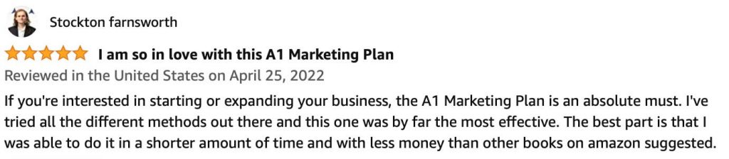 screenshot of customer review on amazon for a1 marketing plan book